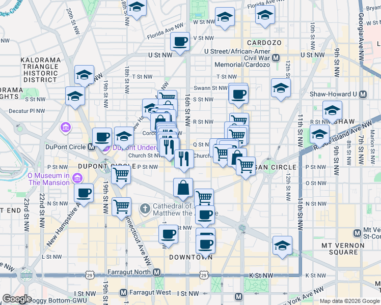 map of restaurants, bars, coffee shops, grocery stores, and more near 1523 16th St NW in Washington