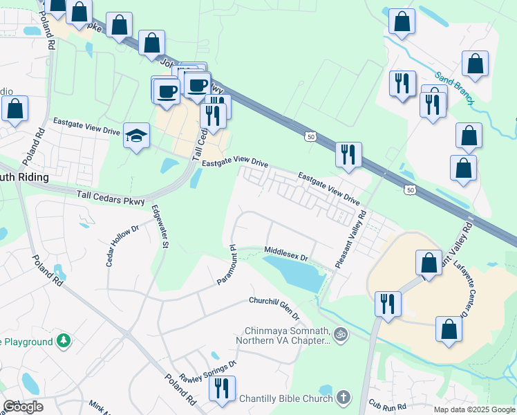 map of restaurants, bars, coffee shops, grocery stores, and more near 43832 Paramount Place in Chantilly