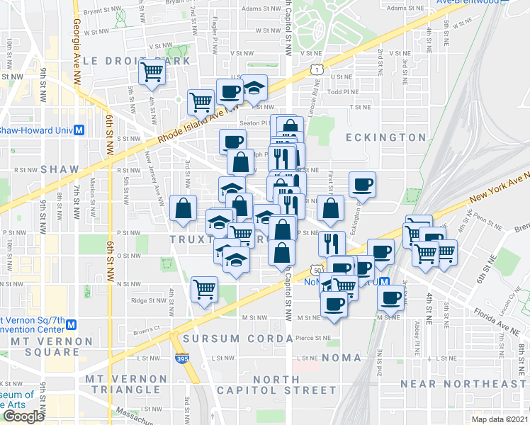 map of restaurants, bars, coffee shops, grocery stores, and more near 45 P Street Northeast in Washington