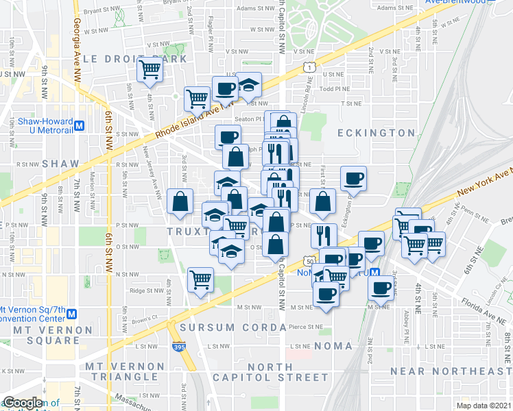 map of restaurants, bars, coffee shops, grocery stores, and more near 101 Independence Avenue Southeast in Washington
