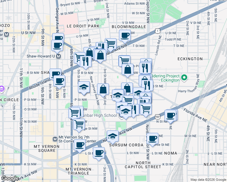 map of restaurants, bars, coffee shops, grocery stores, and more near 101 Independence Avenue Southeast in Washington