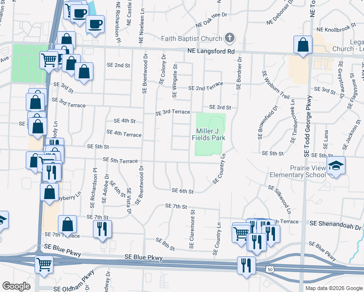 map of restaurants, bars, coffee shops, grocery stores, and more near 1215 Southeast 5th Street in Lee's Summit