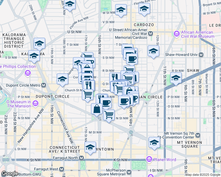 map of restaurants, bars, coffee shops, grocery stores, and more near 1530 15th Street Northwest in Washington