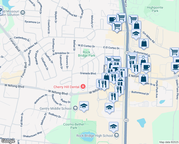 map of restaurants, bars, coffee shops, grocery stores, and more near 3704 Santiago Drive in Columbia