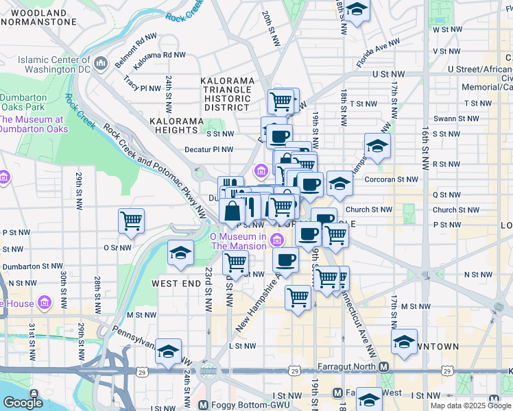 map of restaurants, bars, coffee shops, grocery stores, and more near 2100 Massachusetts Avenue Northwest in Washington