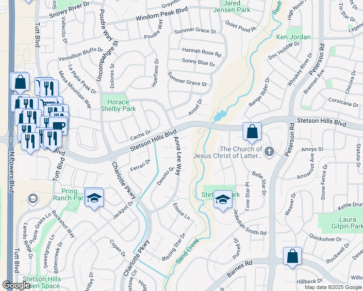 map of restaurants, bars, coffee shops, grocery stores, and more near 6120 Faxon Court in Colorado Springs