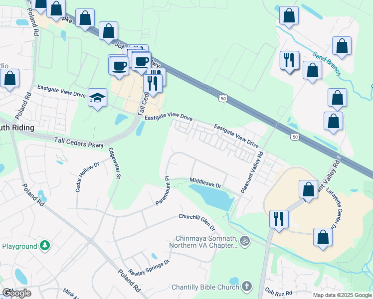 map of restaurants, bars, coffee shops, grocery stores, and more near 43832 Paramount Place in Chantilly