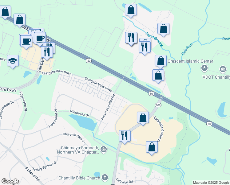 map of restaurants, bars, coffee shops, grocery stores, and more near 44140 Eastgate View Drive in Chantilly