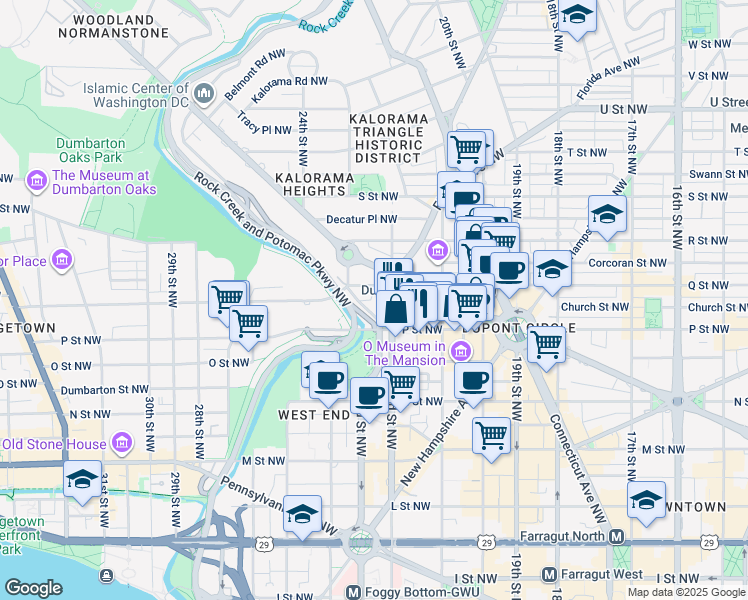 map of restaurants, bars, coffee shops, grocery stores, and more near 2220 Q Street Northwest in Washington
