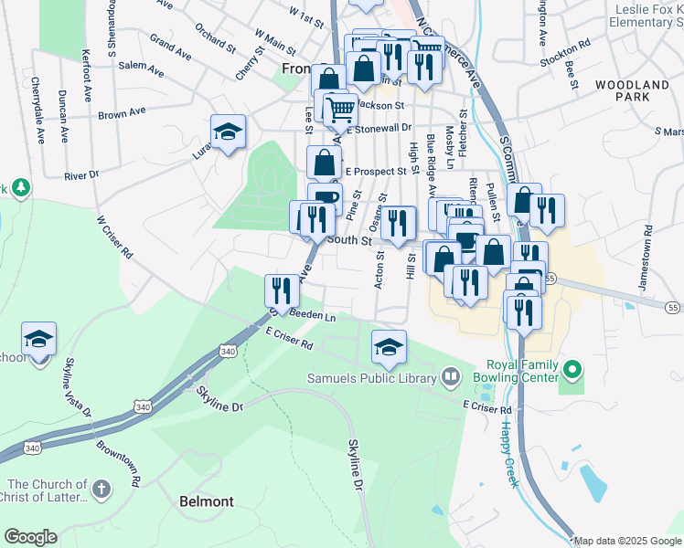 map of restaurants, bars, coffee shops, grocery stores, and more near 519 Carter Street in Front Royal