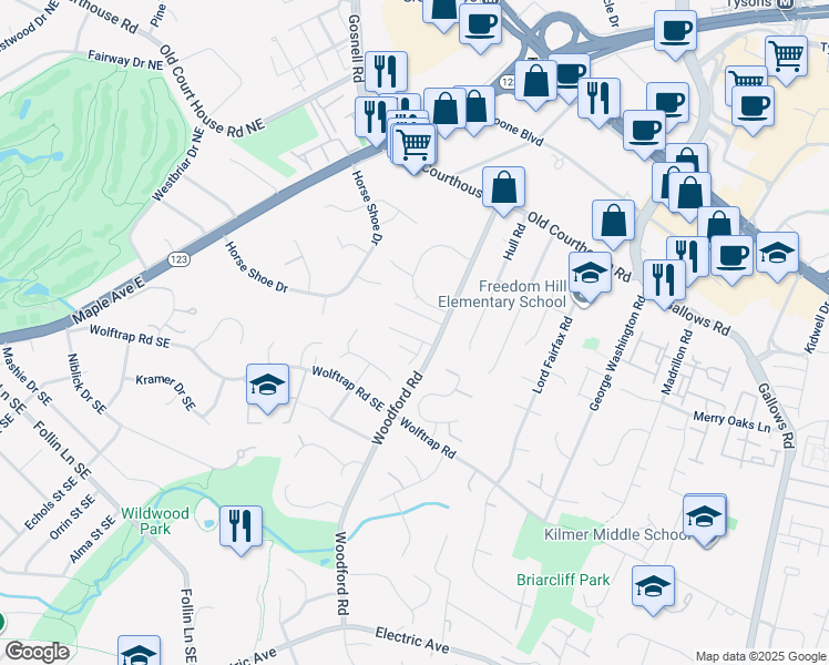 map of restaurants, bars, coffee shops, grocery stores, and more near 8406 Woodford Court in Vienna