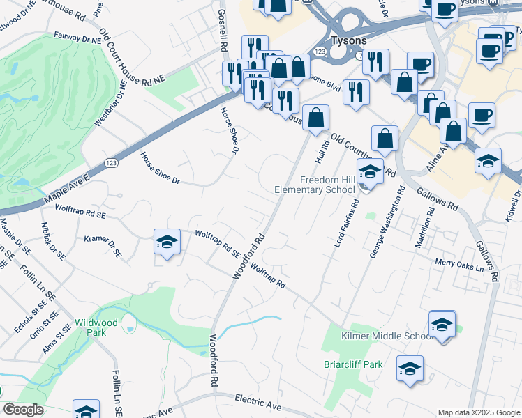 map of restaurants, bars, coffee shops, grocery stores, and more near 8406 Woodford Court in Vienna