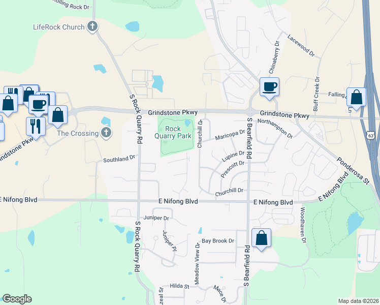 map of restaurants, bars, coffee shops, grocery stores, and more near 3604 Churchill Drive in Columbia
