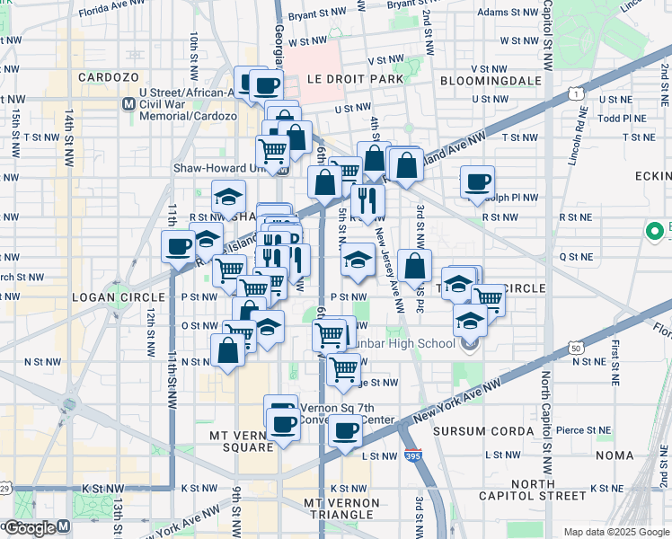 map of restaurants, bars, coffee shops, grocery stores, and more near 1546 5th Street Northwest in Washington