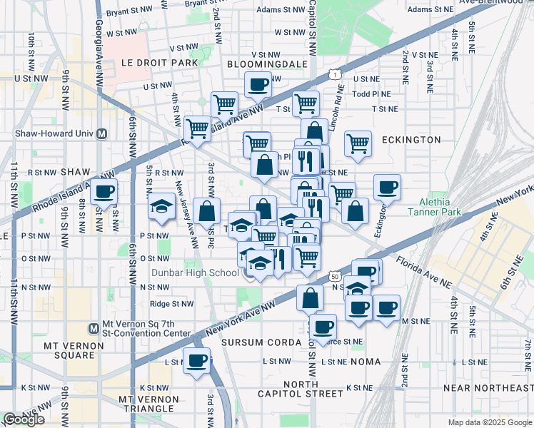 map of restaurants, bars, coffee shops, grocery stores, and more near 1533 1st Street Northwest in Washington