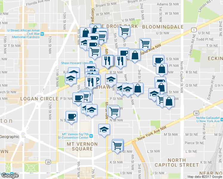 map of restaurants, bars, coffee shops, grocery stores, and more near 1546 5th Street Northwest in Washington