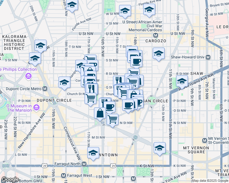 map of restaurants, bars, coffee shops, grocery stores, and more near 1532 15th Street Northwest in Washington