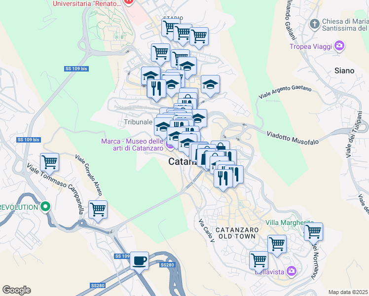 map of restaurants, bars, coffee shops, grocery stores, and more near in Catanzaro