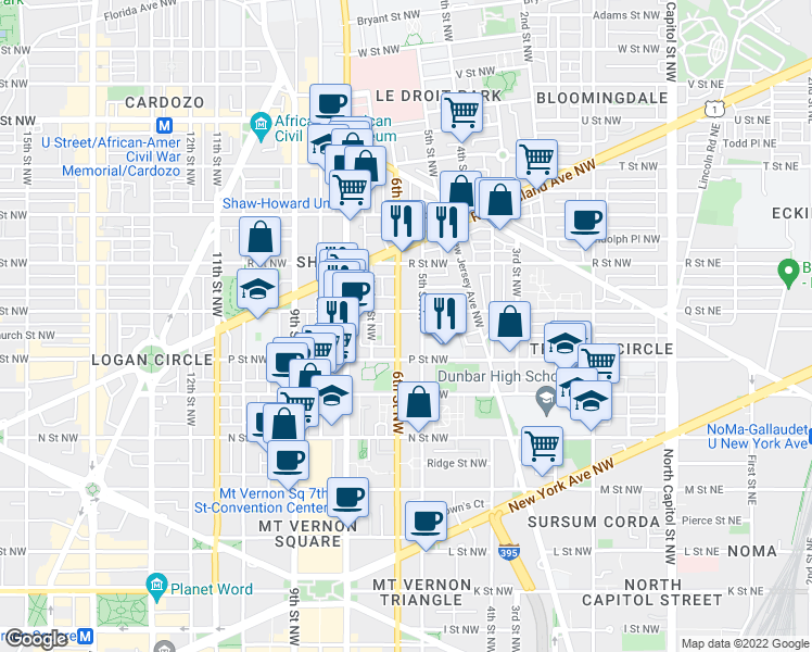 map of restaurants, bars, coffee shops, grocery stores, and more near 1539 6th Street Northwest in Washington