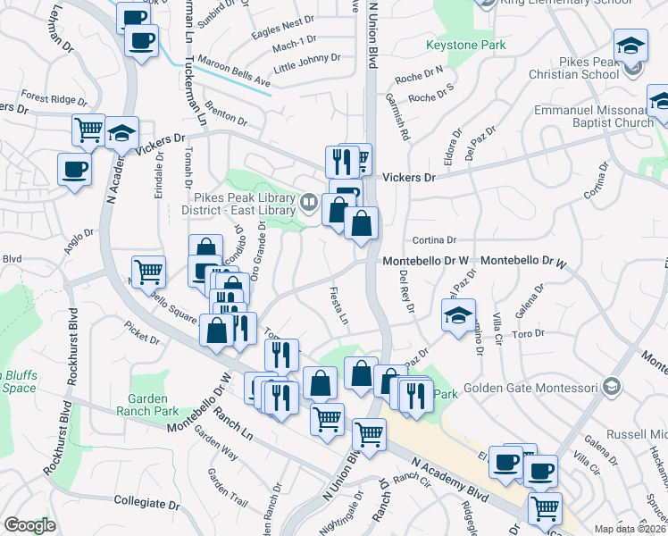 map of restaurants, bars, coffee shops, grocery stores, and more near 5387 Fiesta Lane in Colorado Springs