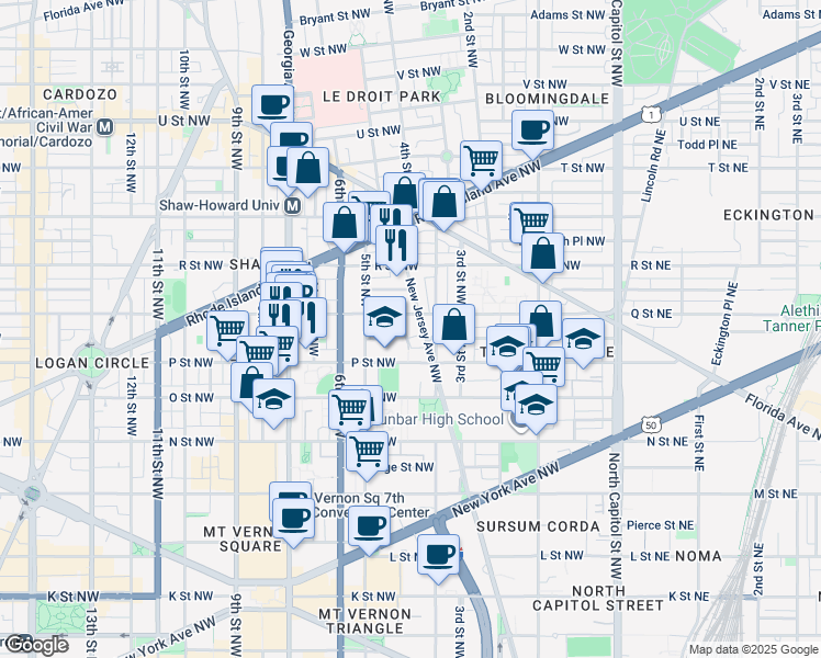 map of restaurants, bars, coffee shops, grocery stores, and more near 1536 New Jersey Avenue Northwest in Washington