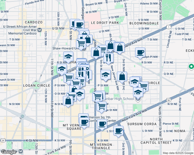 map of restaurants, bars, coffee shops, grocery stores, and more near 1539 6th Street Northwest in Washington