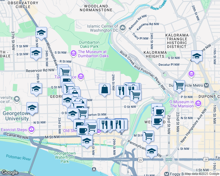map of restaurants, bars, coffee shops, grocery stores, and more near 2911 Q Street Northwest in Washington
