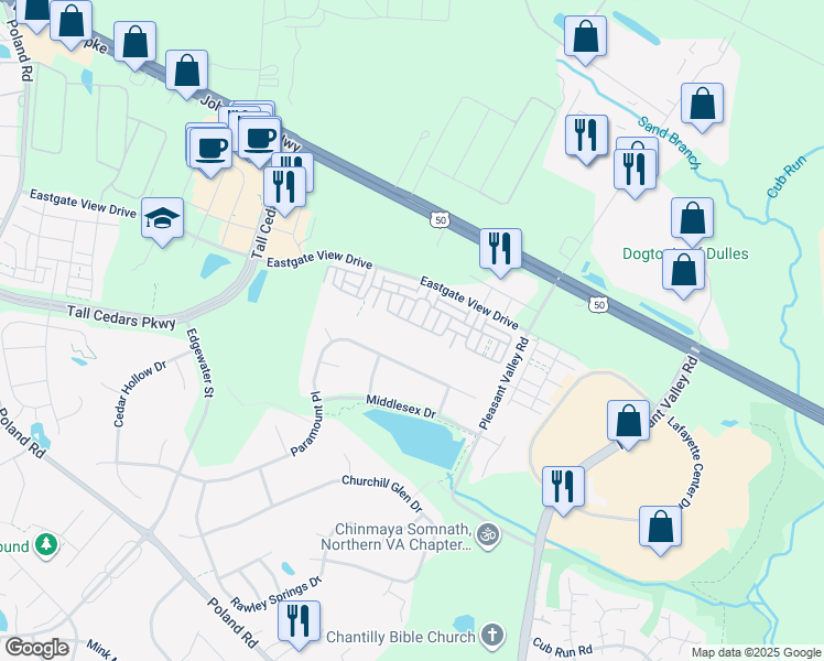 map of restaurants, bars, coffee shops, grocery stores, and more near 22 Vaira Terrace in Chantilly