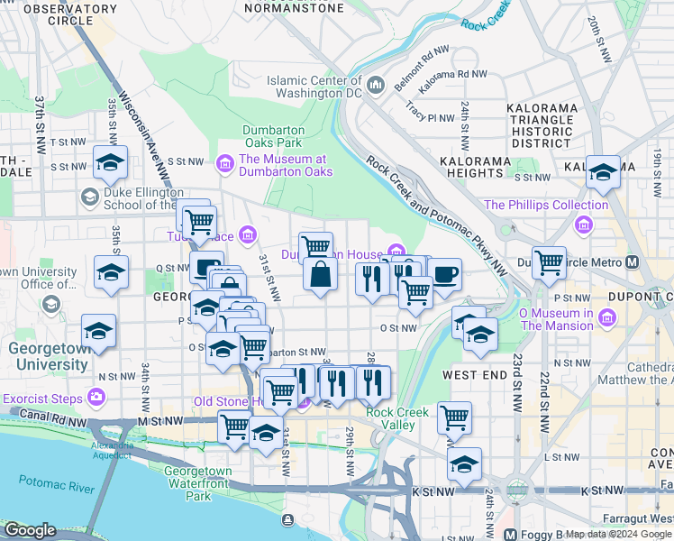 map of restaurants, bars, coffee shops, grocery stores, and more near 2911 Q Street Northwest in Washington