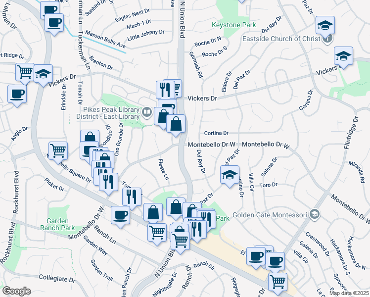 map of restaurants, bars, coffee shops, grocery stores, and more near 2835 Montebello Drive West in Colorado Springs