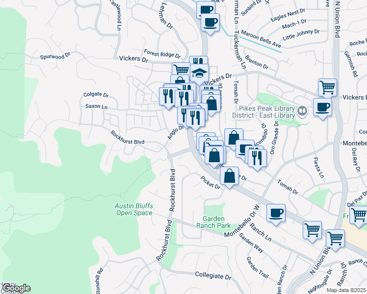 map of restaurants, bars, coffee shops, grocery stores, and more near 2105 University Park Boulevard in Colorado Springs