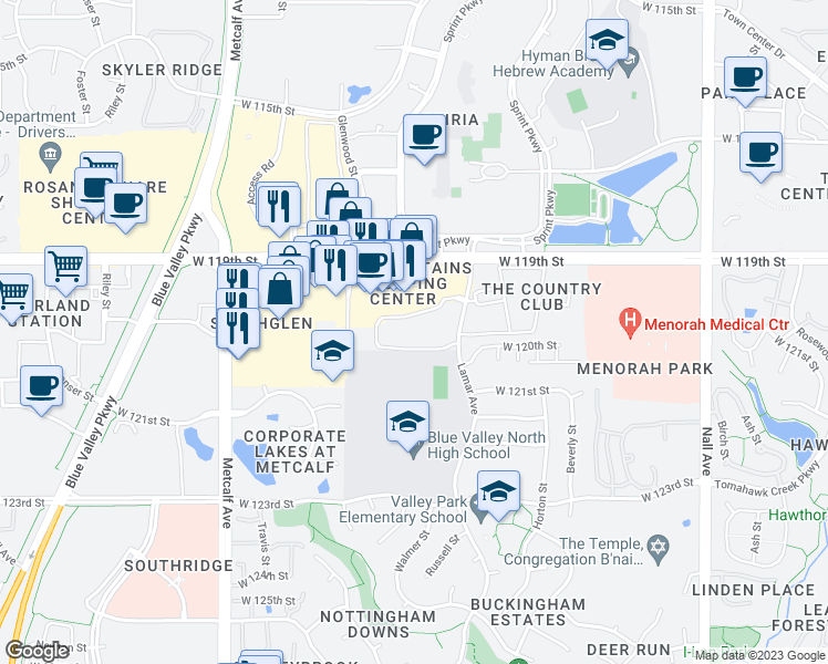 map of restaurants, bars, coffee shops, grocery stores, and more near 12000 Lamar Avenue in Overland Park