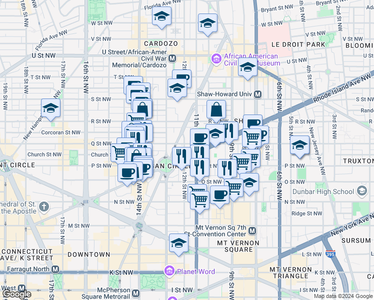 map of restaurants, bars, coffee shops, grocery stores, and more near 1517 12th Street Northwest in Washington