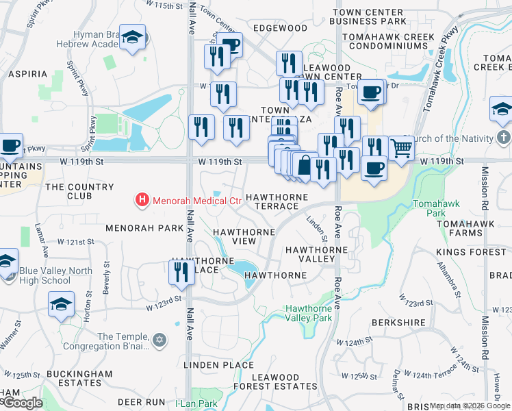 map of restaurants, bars, coffee shops, grocery stores, and more near 5225 West 121st Street in Leawood