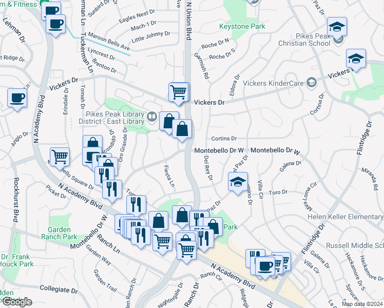 map of restaurants, bars, coffee shops, grocery stores, and more near 5373 North Union Boulevard in Colorado Springs