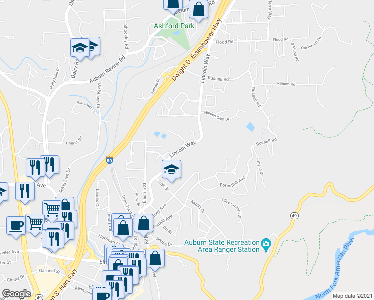 map of restaurants, bars, coffee shops, grocery stores, and more near 101 Lincoln Way in Auburn