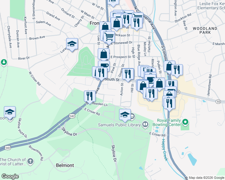 map of restaurants, bars, coffee shops, grocery stores, and more near 111 Steele Avenue in Front Royal