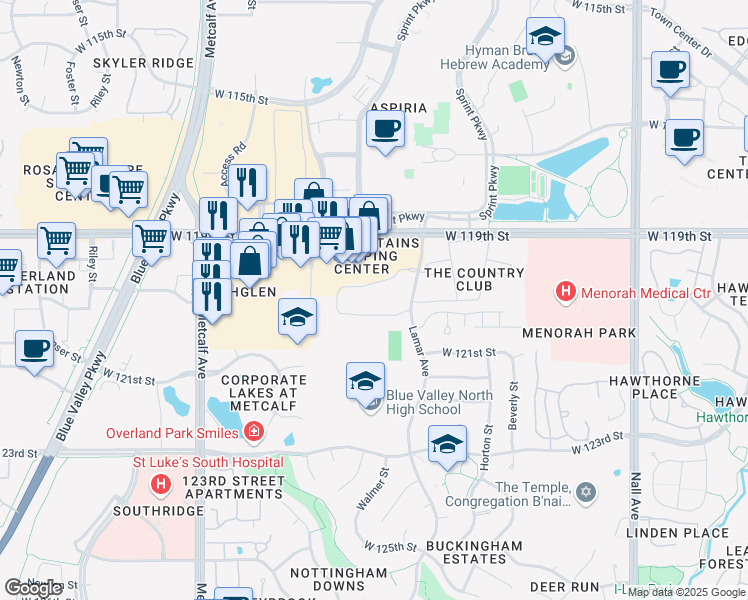 map of restaurants, bars, coffee shops, grocery stores, and more near 12000 Lamar Avenue in Overland Park