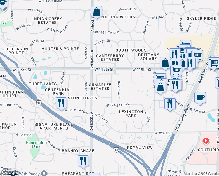 map of restaurants, bars, coffee shops, grocery stores, and more near 12039 Hemlock Street in Overland Park