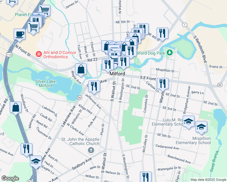 map of restaurants, bars, coffee shops, grocery stores, and more near in Milford