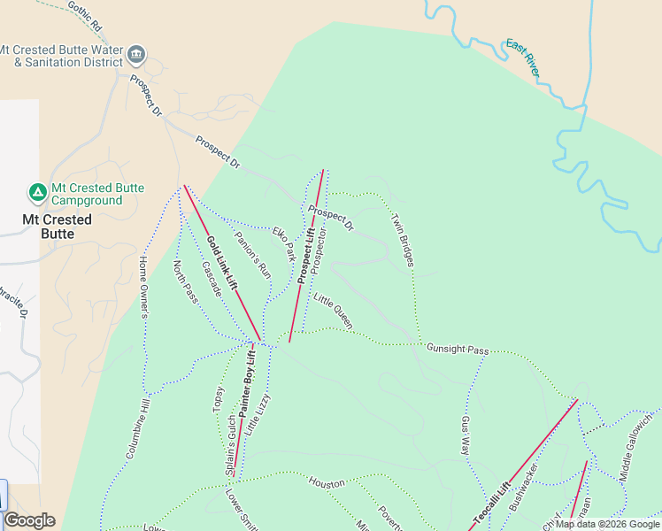 map of restaurants, bars, coffee shops, grocery stores, and more near Prospect Drive in Crested Butte