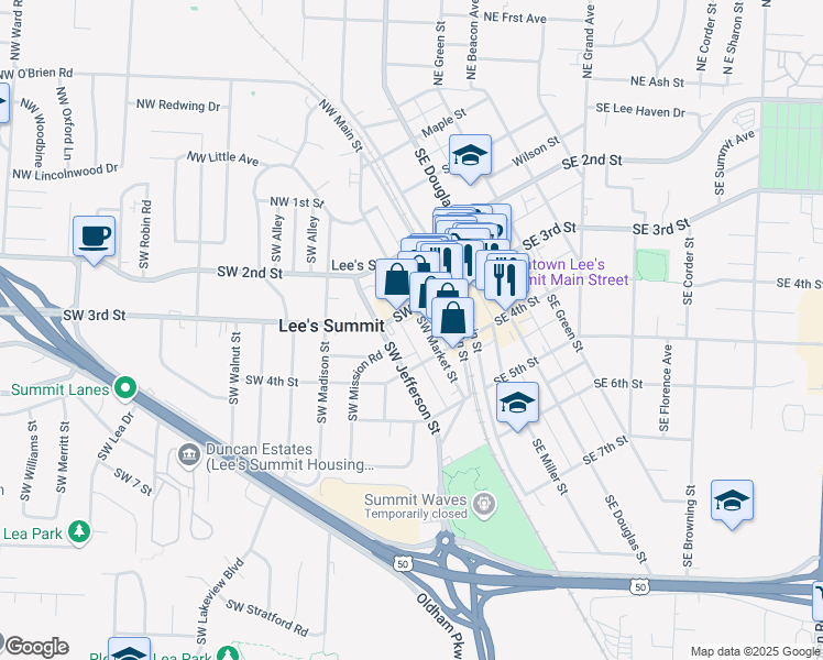 map of restaurants, bars, coffee shops, grocery stores, and more near 102 Southwest 4th Street in Lee's Summit