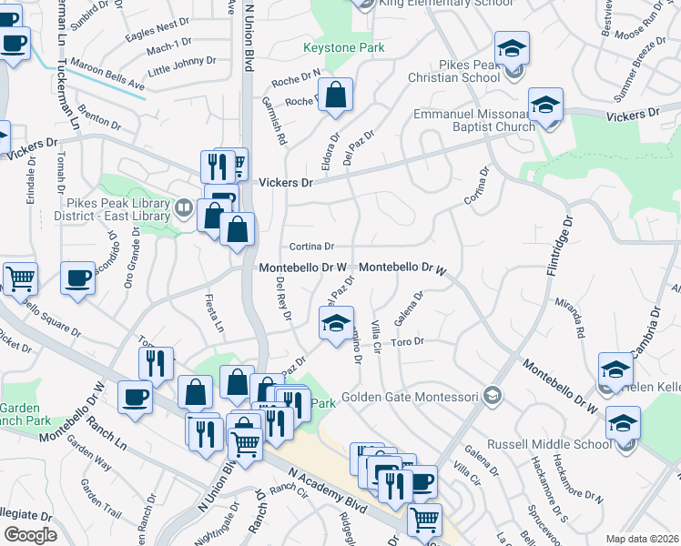 map of restaurants, bars, coffee shops, grocery stores, and more near 5455 Del Paz Drive in Colorado Springs