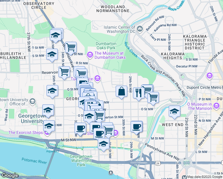 map of restaurants, bars, coffee shops, grocery stores, and more near 3039 Q Street Northwest in Washington