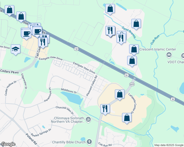 map of restaurants, bars, coffee shops, grocery stores, and more near 44089 Eastgate View Drive in Chantilly