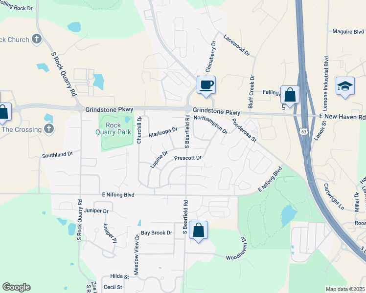 map of restaurants, bars, coffee shops, grocery stores, and more near 3601 Lupine Drive in Columbia