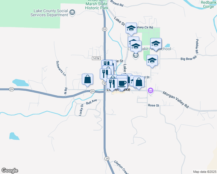 map of restaurants, bars, coffee shops, grocery stores, and more near 9960 California 53 in Lower Lake