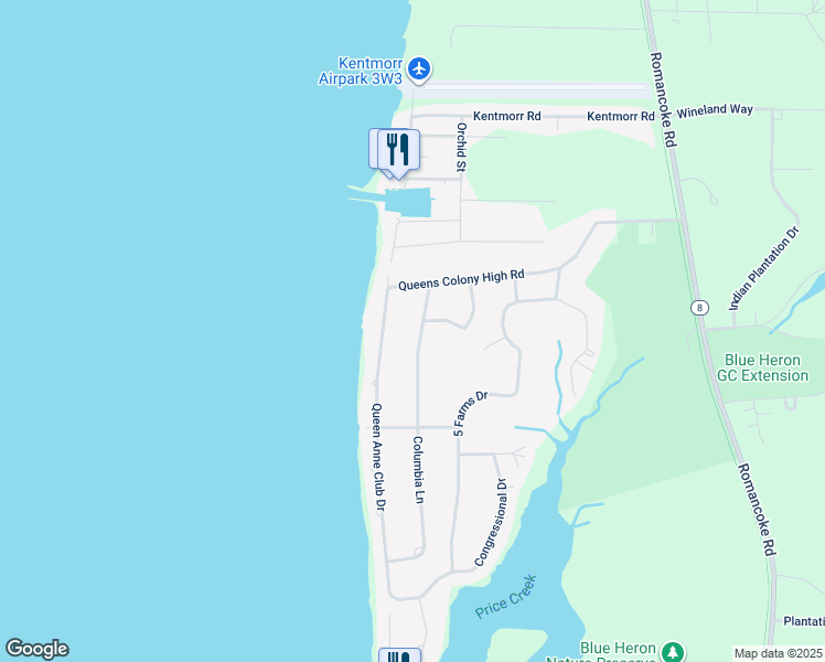 map of restaurants, bars, coffee shops, grocery stores, and more near 206 Columbia Lane in Stevensville