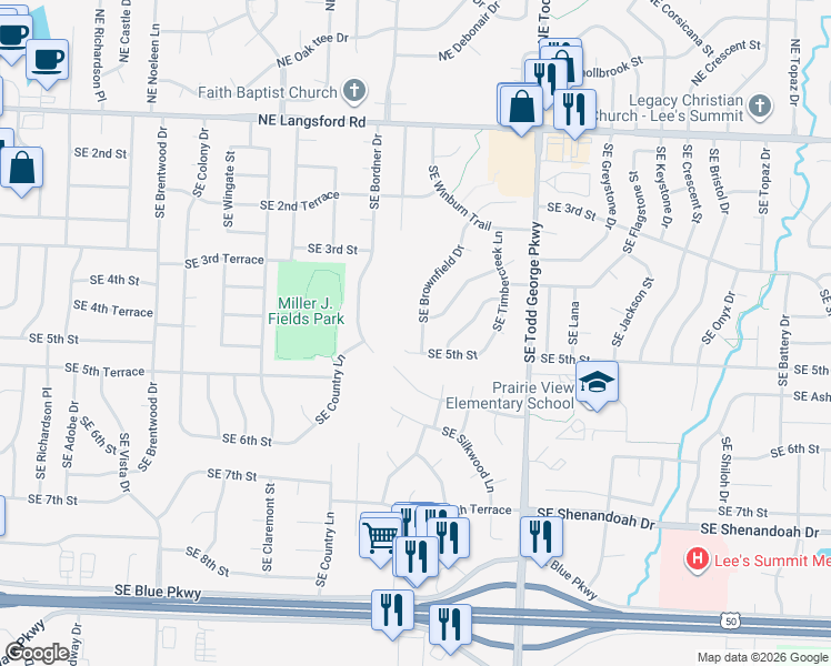 map of restaurants, bars, coffee shops, grocery stores, and more near 1601 Southeast 5th Street in Lee's Summit