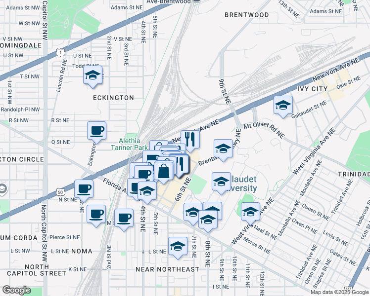 map of restaurants, bars, coffee shops, grocery stores, and more near 101 Independence Avenue Southeast in Washington
